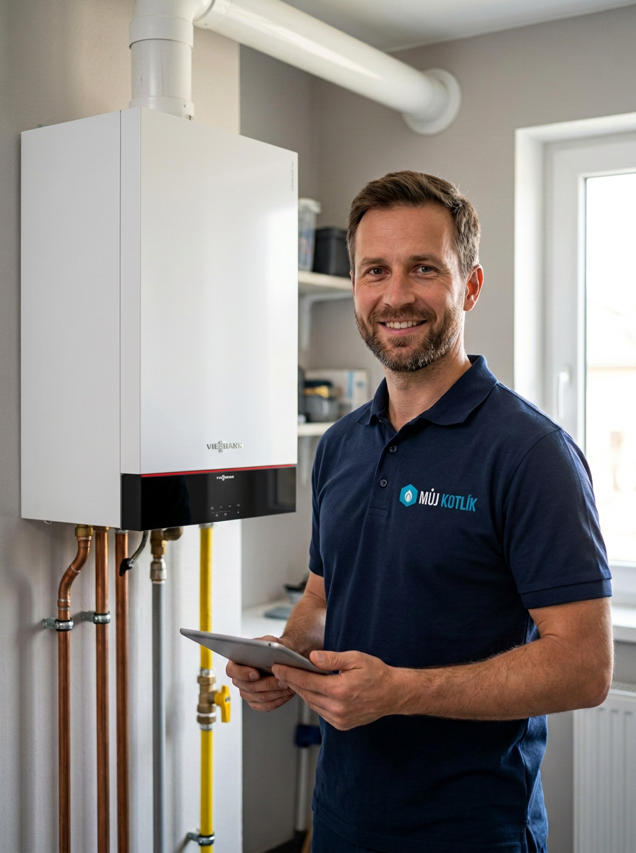 Náš technik kontroluje instalovaný kotel Viessmann Vitodens 100-W